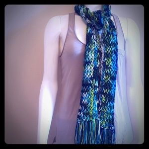 green and blue handmade Knit scarf with fringe